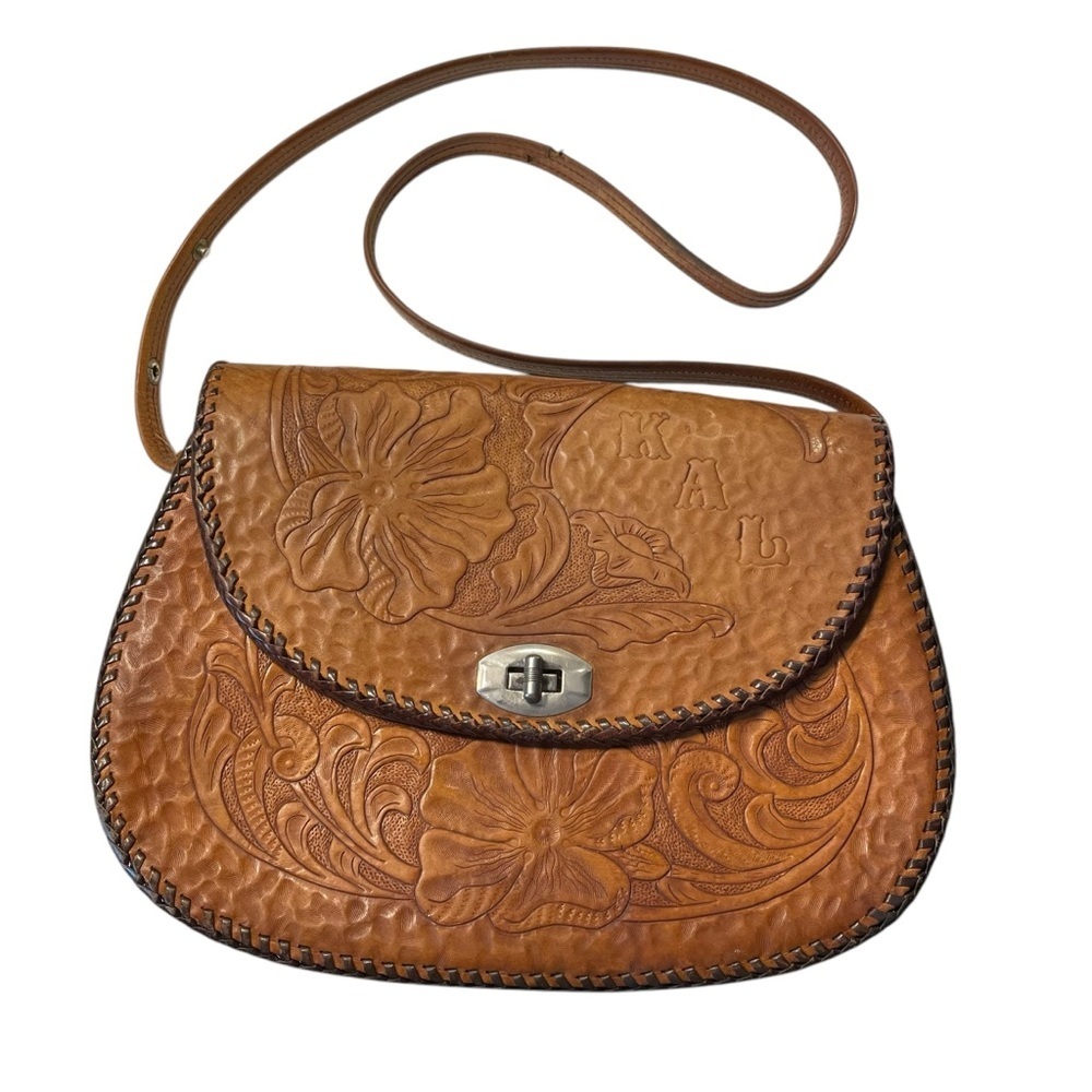 Hand-Tooled Floral Leather Crossbody Bag - Tan